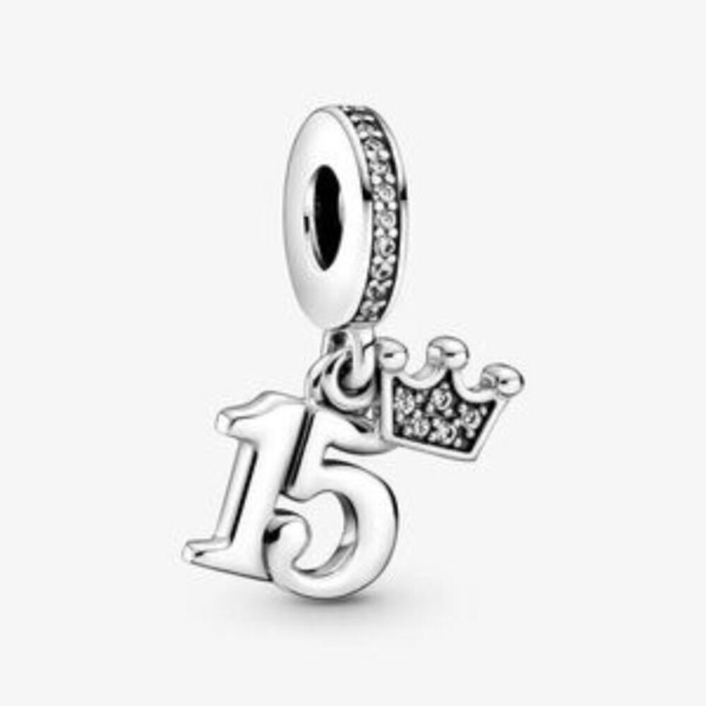 Pandora Sterling Silver '15' Crown Dangle Charm with Clear Stones